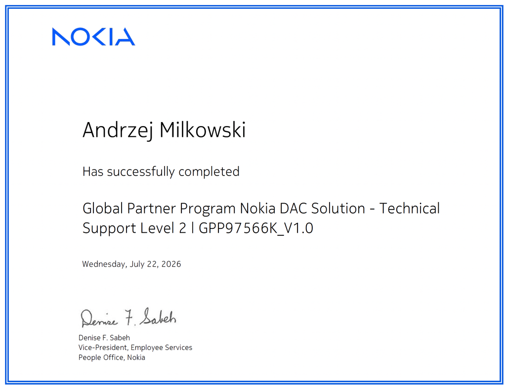 Certyfikat szkolenia Nokia - Twoja Prywatna Sieć - Andrzej Miłkowski
