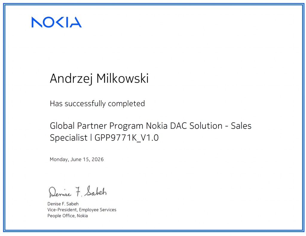 Certyfikat szkolenia Nokia - Twoja Prywatna Sieć - Andrzej Miłkowski