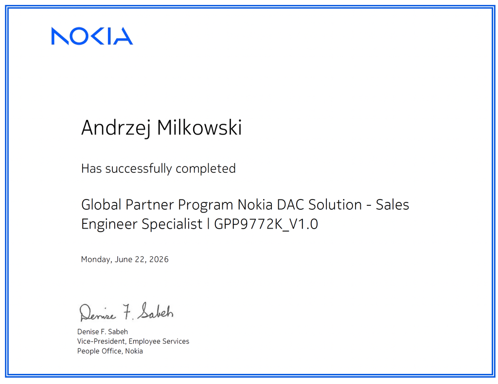 Certyfikat szkolenia Nokia - Twoja Prywatna Sieć - Andrzej Miłkowski