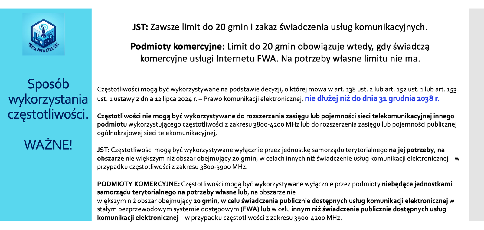 Twoja Prywatna Sieć - sposób wykorzystania pasma 3800-4200 MHz do prywatnych sieci 5G w Polsce. zarządzenie UKE