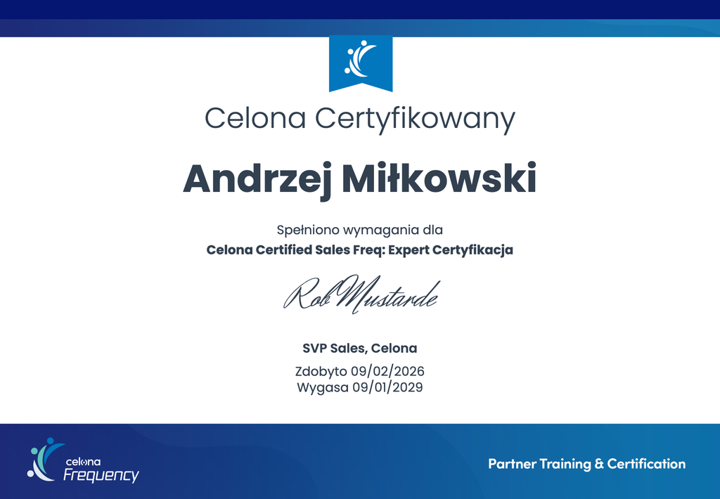 Certyfikat szkolenia Celona EXPERT - Twoja Prywatna Sieć - Andrzej Miłkowski